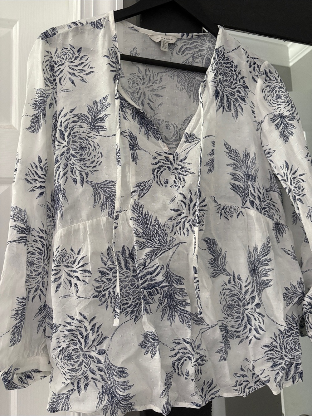 Lucky Brand White Sheer Blouse with Navy Floral Print and V-Neck Tie